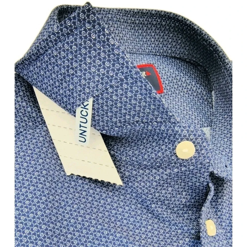 NWT UNTUCKit Mens Nylon Shirt Large Performance Blue Micro Print Slim Fit New